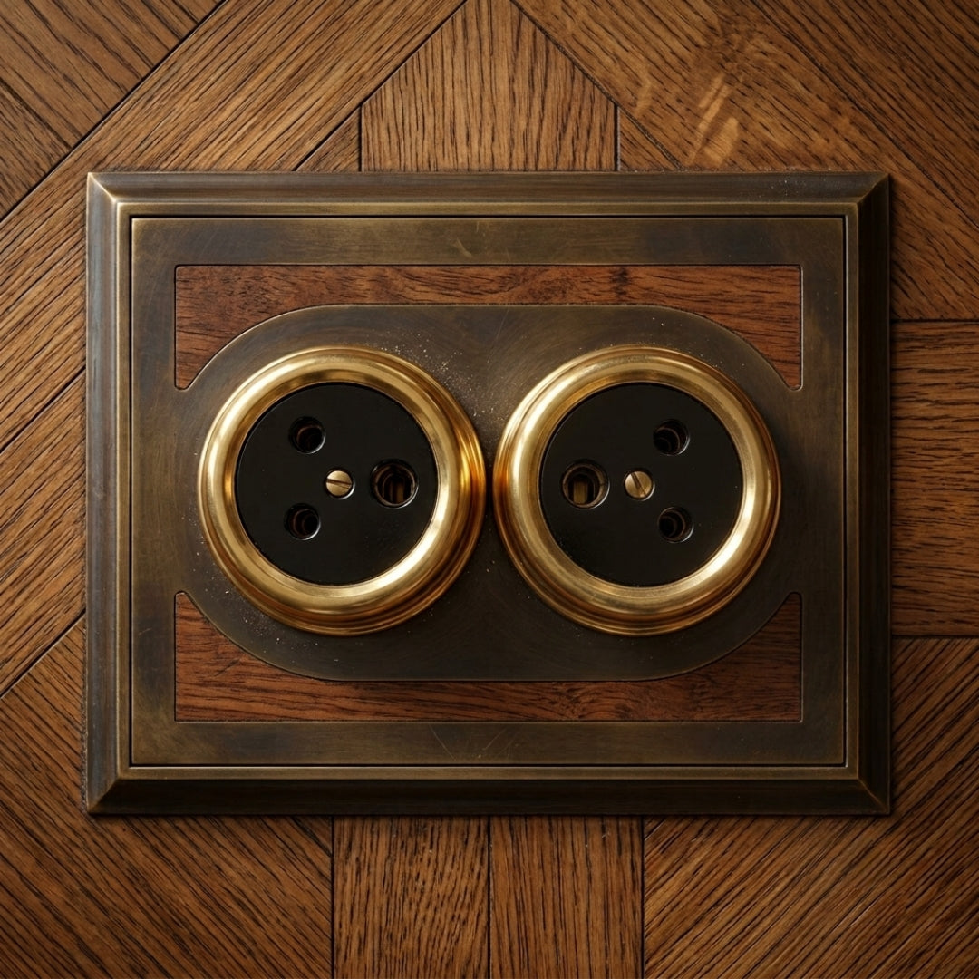 Vintage Brass Round Wall Outlet Sockets | Brass Round Electrical Socket Pair | Set of 2