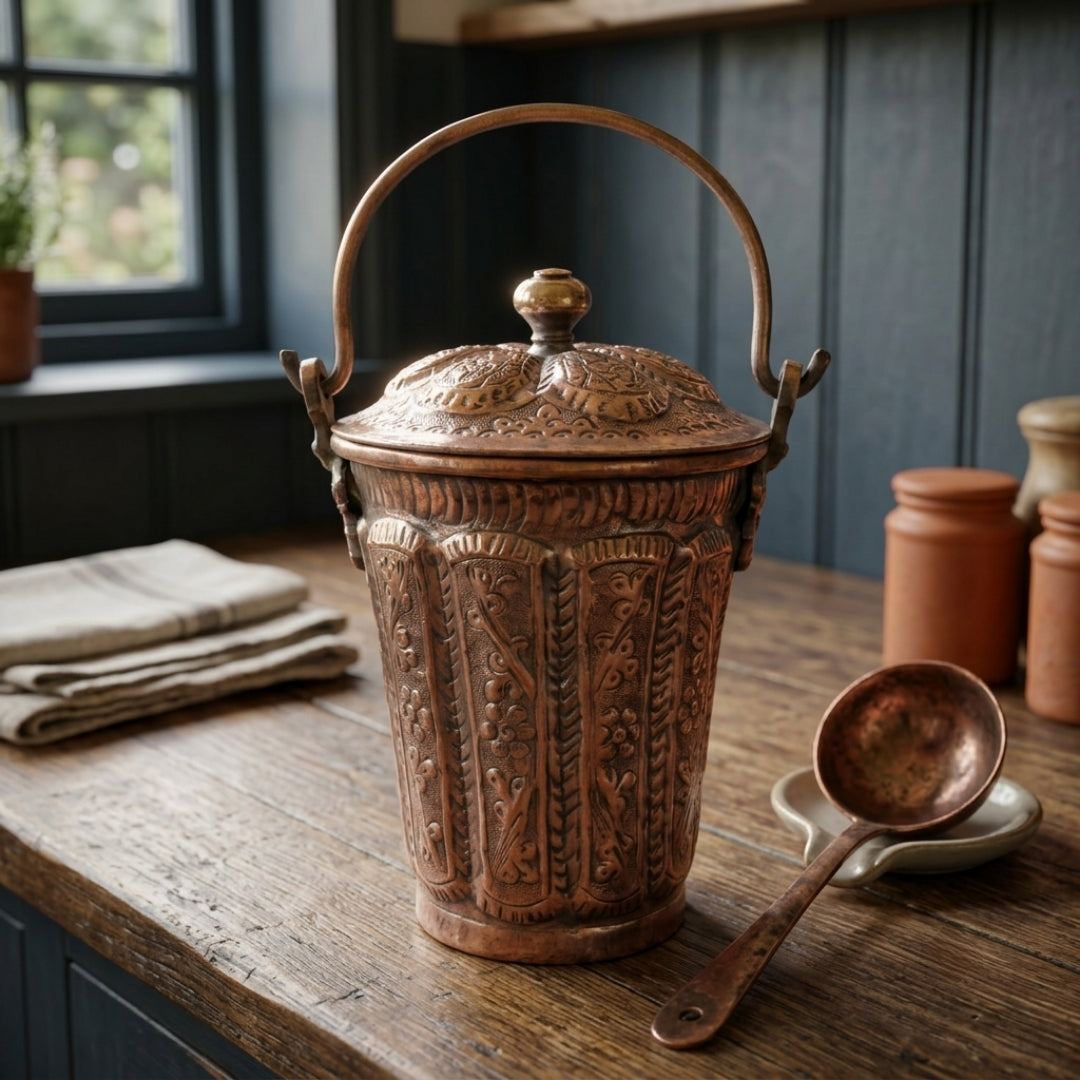 Antique Embossed Copper Balti Container with Lid | Hand-Carved Copper Bucket with Handle | Made in 1971