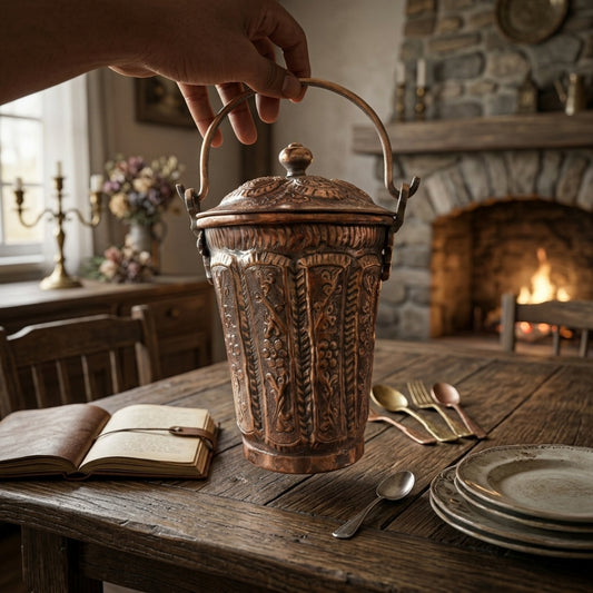 Antique Embossed Copper Balti Container with Lid | Hand-Carved Copper Bucket with Handle | Made in 1971