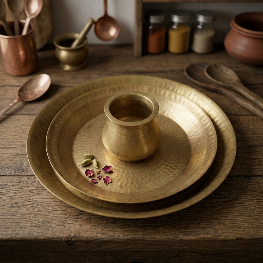 Antique Hand-Beaten Brass Parat Set with Kalash | Solid Pure Brass Hammered Platter Set with Water Pot | Made in 1978