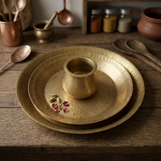 Antique Hand-Beaten Brass Parat Set with Kalash | Solid Pure Brass Hammered Platter Set with Water Pot | Made in 1978