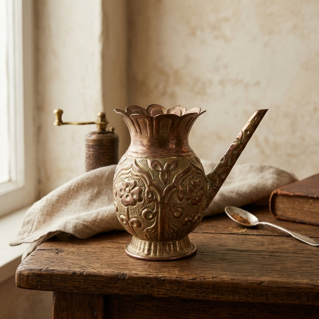 Antique Engraved Brass & Copper Long-Spout Pot | Hand-Carved Floral Coffee & Water Pot | Made in 1974