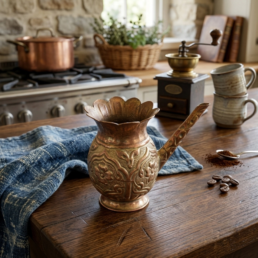 Antique Engraved Brass & Copper Long-Spout Pot | Hand-Carved Floral Coffee & Water Pot | Made in 1974