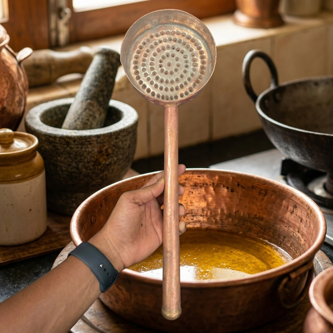 Antique Perforated Copper Strainer Ladle | Solid Copper Handled Skimmer | Made in 1978