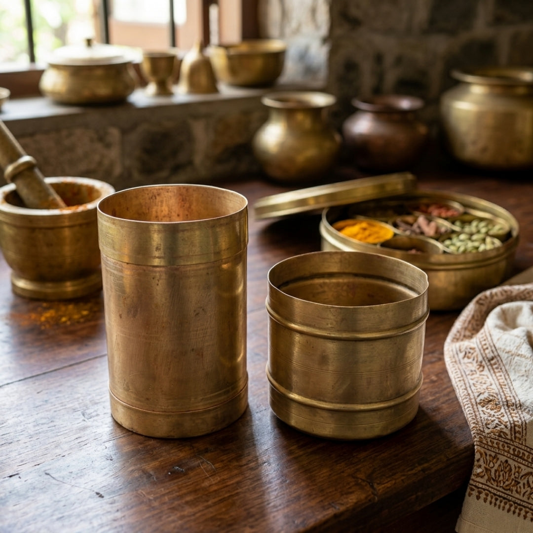 Antique Brass Padi Measuring Container Set | Pure Brass Traditional Grain & Rice Measures | Made in 1974