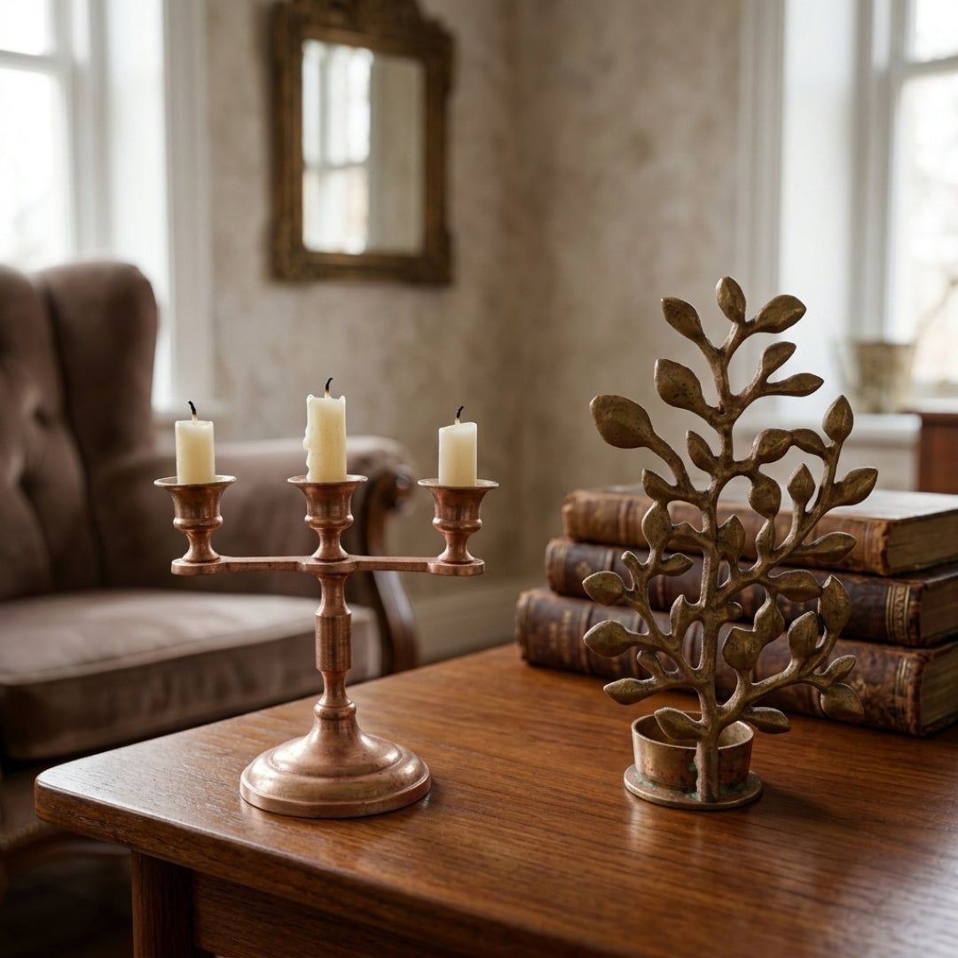 Antique Brass Candelabra & Tree Sculptural Candle Holder Set | Solid Brass Candle Stand Duo | Made in 1971