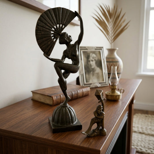 Antique Brass Art Deco Fan Dancer & Streetlamp Figurine Set | Solid Brass Sculptural Figurine Duo | Made in 1973