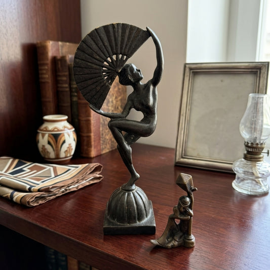 Antique Brass Art Deco Fan Dancer & Streetlamp Figurine Set | Solid Brass Sculptural Figurine Duo | Made in 1973