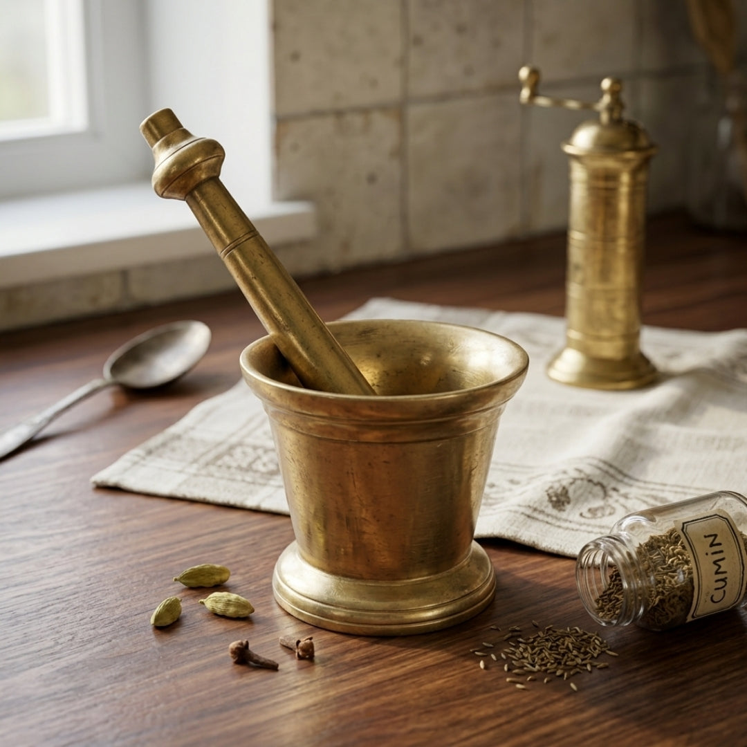 Antique Brass Khalbatta Mortar & Pestle Set | Pure Brass Traditional Spice Grinder | Made in 1980