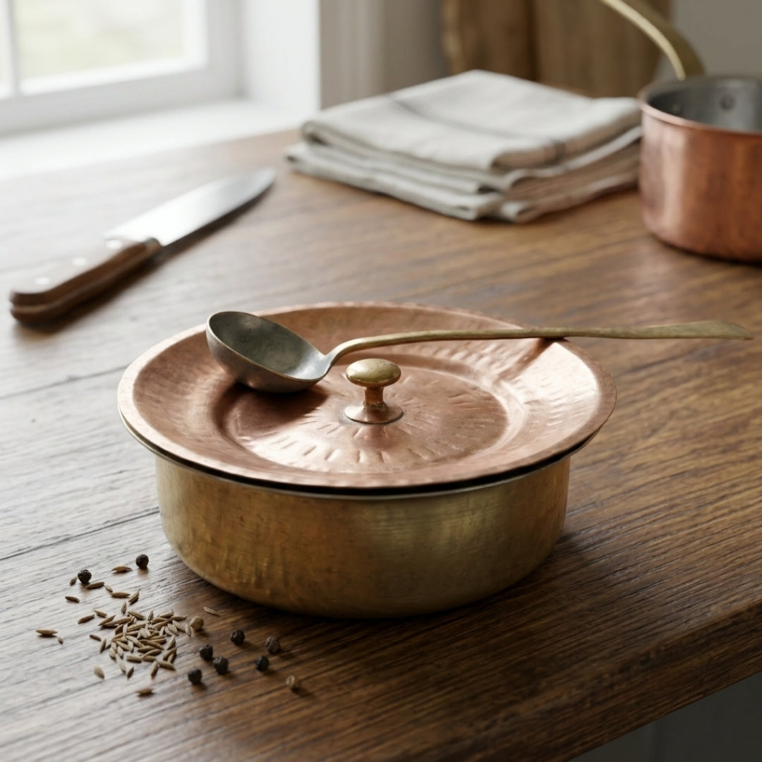 Antique Brass & Copper Serving Bowl with Lid & Spoon | Hand-Hammered Traditional Metal Cookware Set | Made in 1979