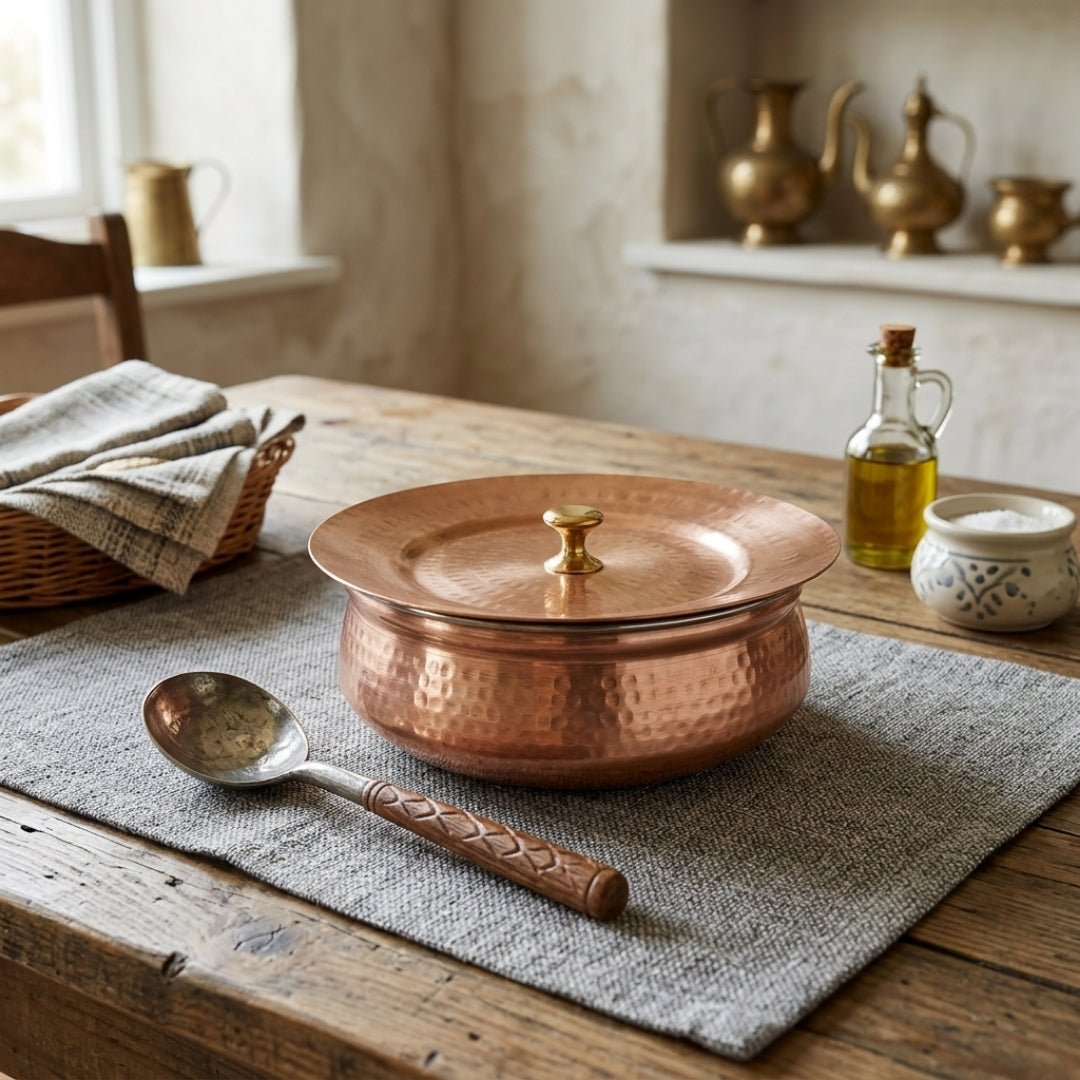 Antique Copper Hand-Hammered Handi Serving Bowl with Lid & Spoon | Traditional Copper Cookware Set | Made in 1980