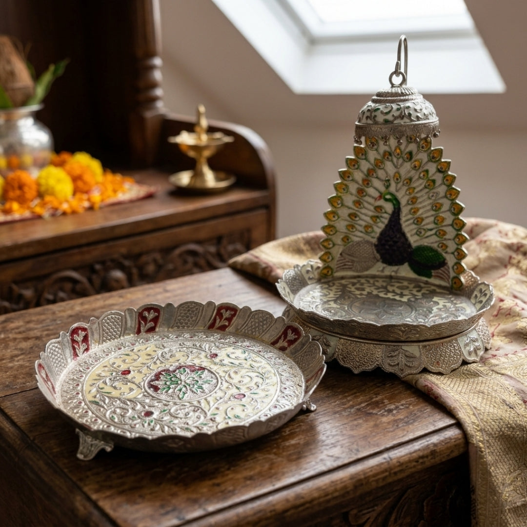 Antique Enamel Work Silver-Plated Puja Thali & Peacock Singhasan Set | Handcrafted Decorative Pooja Set | Made in 1969