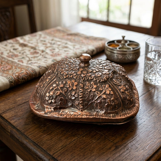 Antique Copper Embossed Soap Dish Set | Handcrafted Pure Copper Lidded Box with Perforated Tray | Made in 1972