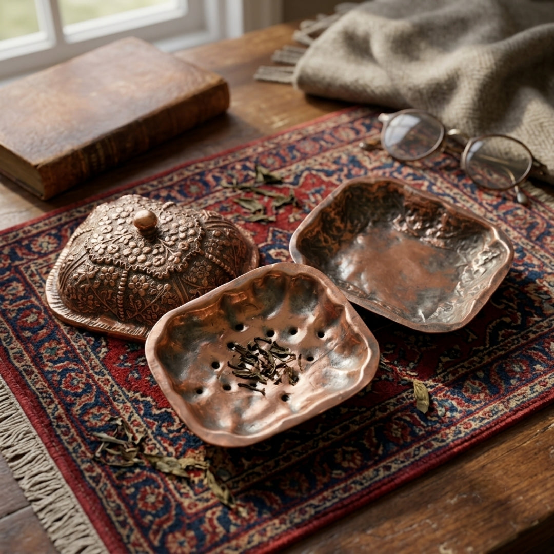 Antique Copper Embossed Soap Dish Set | Handcrafted Pure Copper Lidded Box with Perforated Tray | Made in 1972