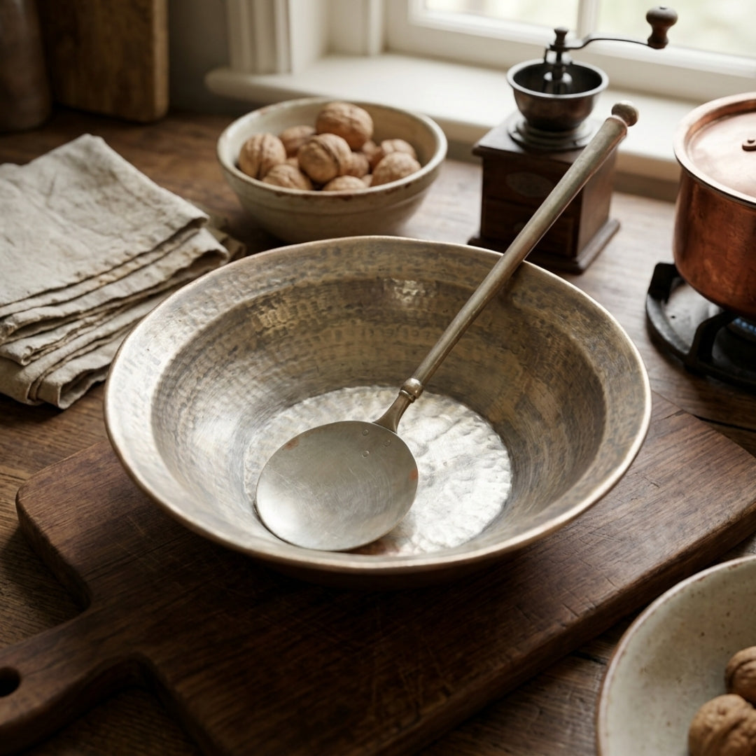 Antique Hand-Hammered Brass Katori Bowl with Ladle Set | Traditional Metal Serving Bowl Set | Made in 1979