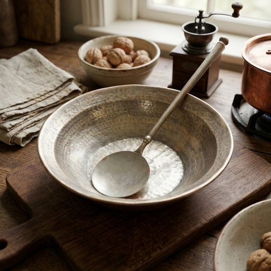 Antique Hand-Hammered Brass Katori Bowl with Ladle Set | Traditional Metal Serving Bowl Set | Made in 1979
