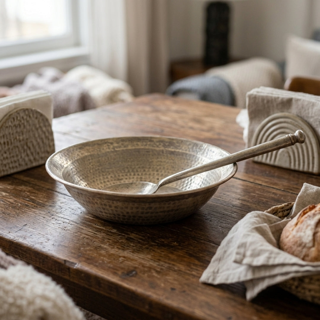 Antique Hand-Hammered Brass Katori Bowl with Ladle Set | Traditional Metal Serving Bowl Set | Made in 1979