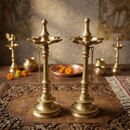 Antique Brass Nilavilakku Diya Set | Solid Brass Kerala Oil Lamp Pair | Made in 1971