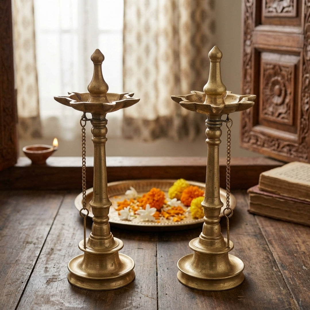 Antique Brass Nilavilakku Diya Set | Solid Brass Kerala Oil Lamp Pair | Made in 1971
