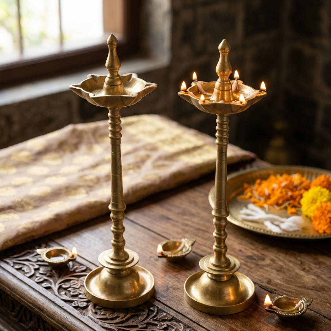 Antique Brass Samai Diya Stand Set | Solid Brass Traditional Standing Oil Lamp Pair | Made in 1979