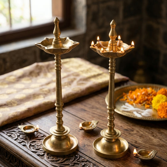 Antique Brass Samai Diya Stand Set | Solid Brass Traditional Standing Oil Lamp Pair | Made in 1979