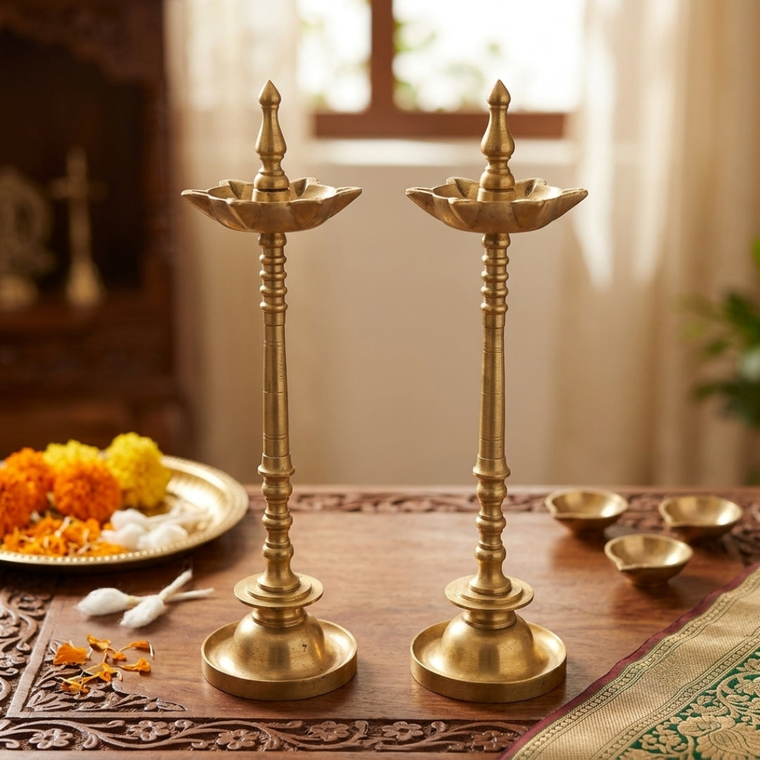 Antique Brass Samai Diya Stand Set | Solid Brass Traditional Standing Oil Lamp Pair | Made in 1979