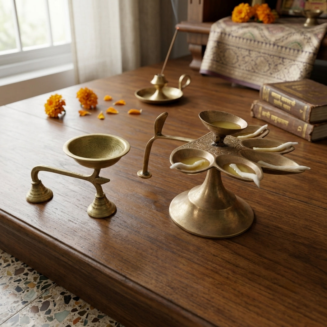 Antique Brass Handled Aarti Diya Set | Solid Brass Handheld & Multi-Wick Ritual Oil Lamp Pair | Made in 1980