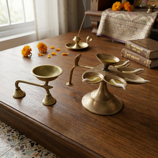 Antique Brass Handled Aarti Diya Set | Solid Brass Handheld & Multi-Wick Ritual Oil Lamp Pair | Made in 1980
