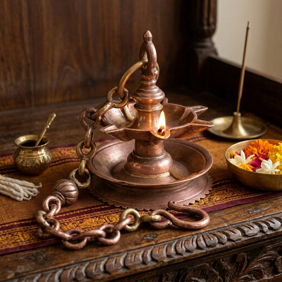 Antique Brass Hanging Samai Diya | Solid Brass Hanging Oil Lamp with Chain | Made in 1973