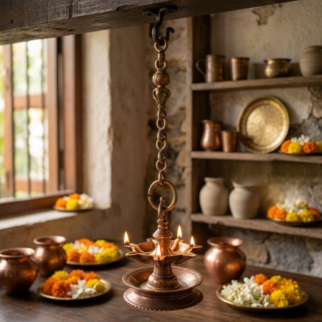 Antique Brass Hanging Samai Diya | Solid Brass Hanging Oil Lamp with Chain | Made in 1973