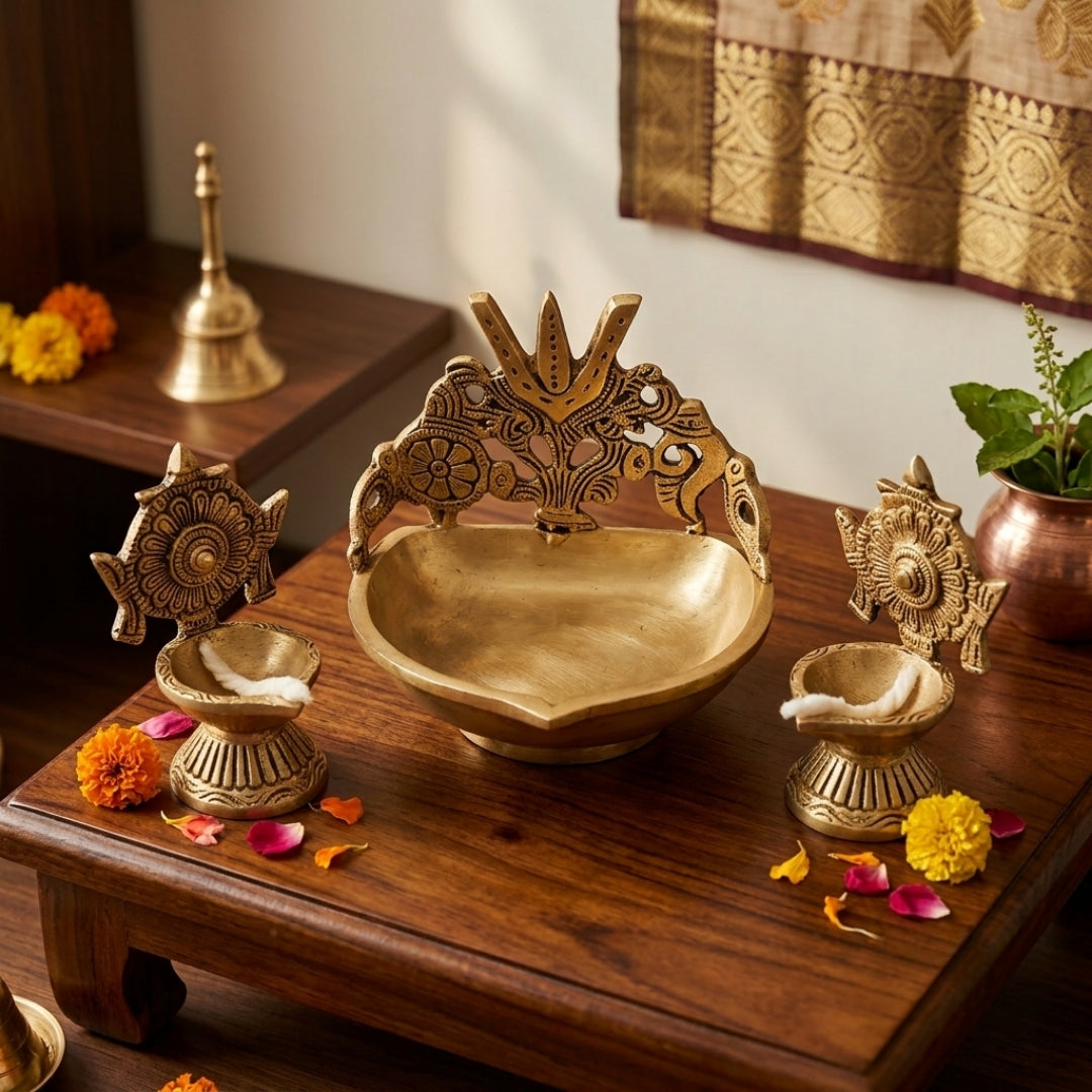 Antique Brass Ritual Diya Set of 3 with Chakra & Thirunamam Motifs | Solid Brass Traditional Oil Lamp Trio | Made in 1978