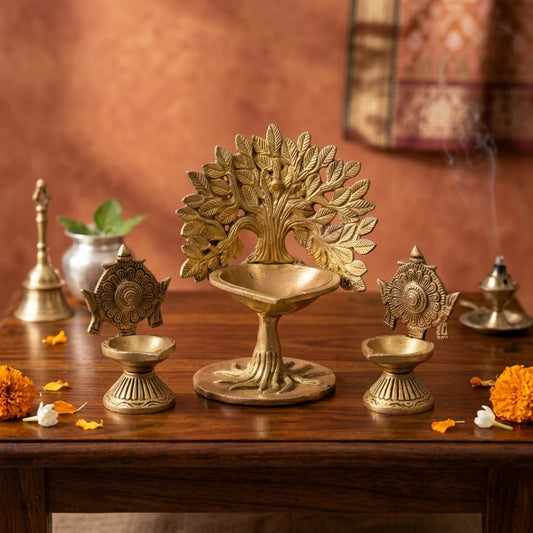 Antique Brass Ritual Diya Set of 3 with Tree of Life & Chakra Motifs | Solid Brass Traditional Oil Lamp Trio | Made in 1978