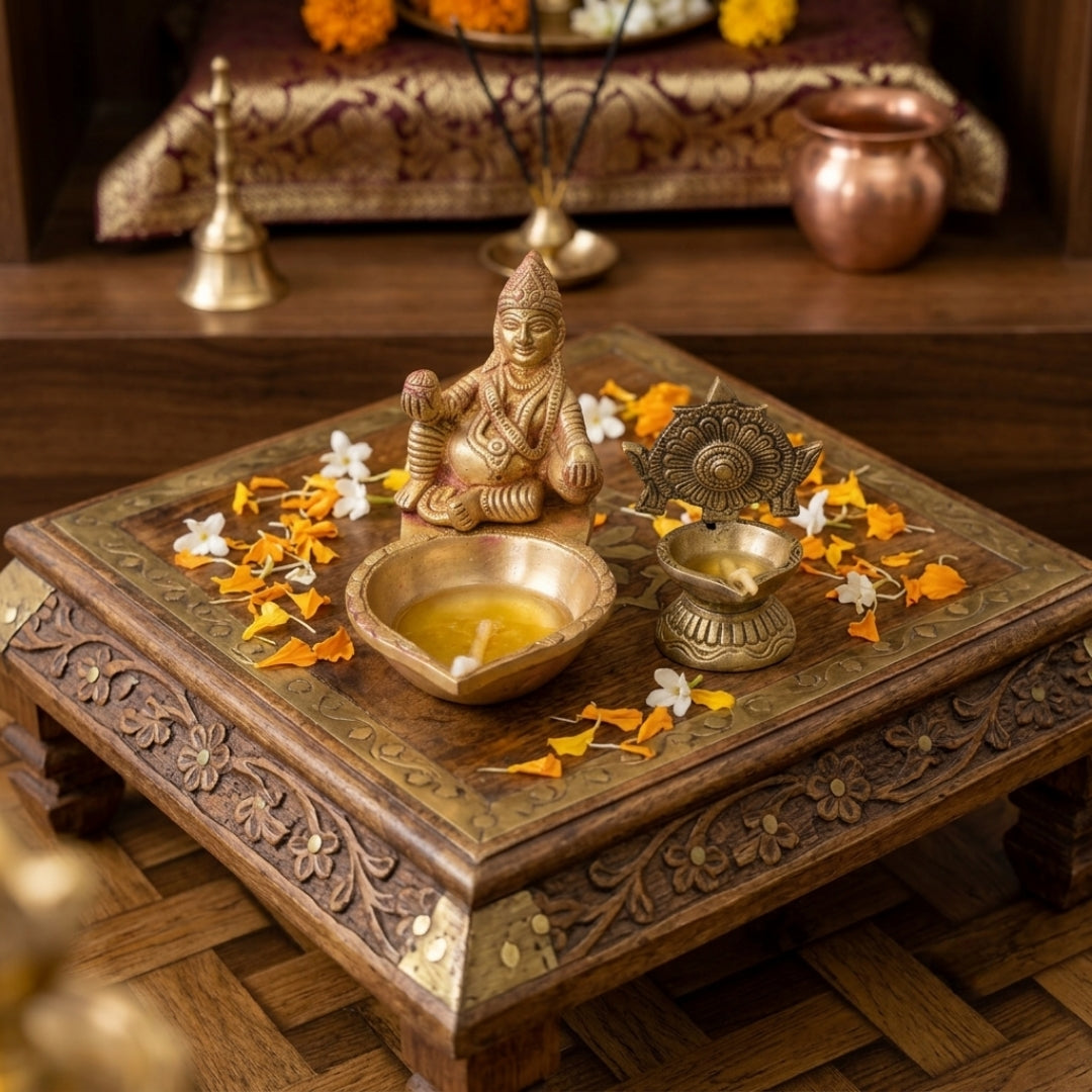 Antique Brass Ritual Diya Set with Kubera & Chakra Motifs | Solid Brass Traditional Oil Lamp Pair | Made in 1978