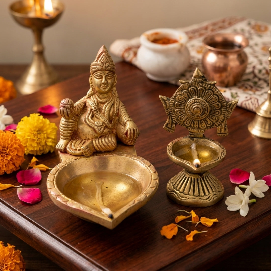 Antique Brass Ritual Diya Set with Kubera & Chakra Motifs | Solid Brass Traditional Oil Lamp Pair | Made in 1978