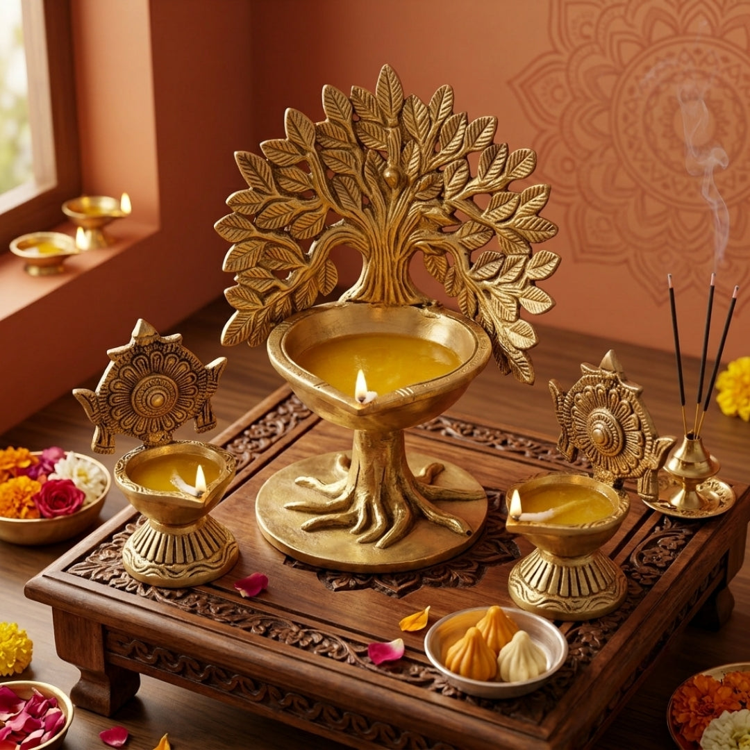 Antique Brass Ritual Diya Set of 3 with Tree of Life & Chakra Motifs | Solid Brass Traditional Oil Lamp Trio | Made in 1978