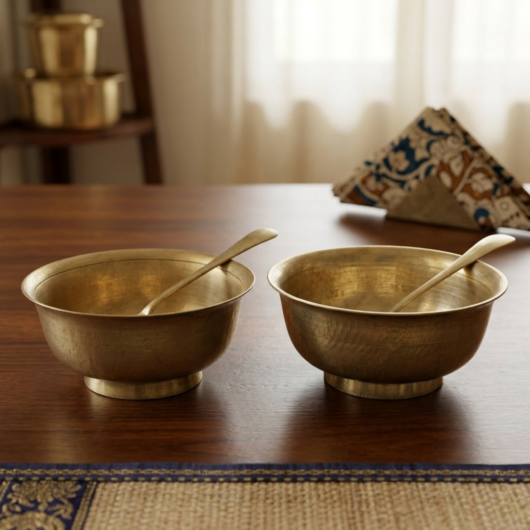 Antique Bronze Serving Bowl Pair with Spoons | Traditional Kansa / Bronze Bowl Set | Made in 1978