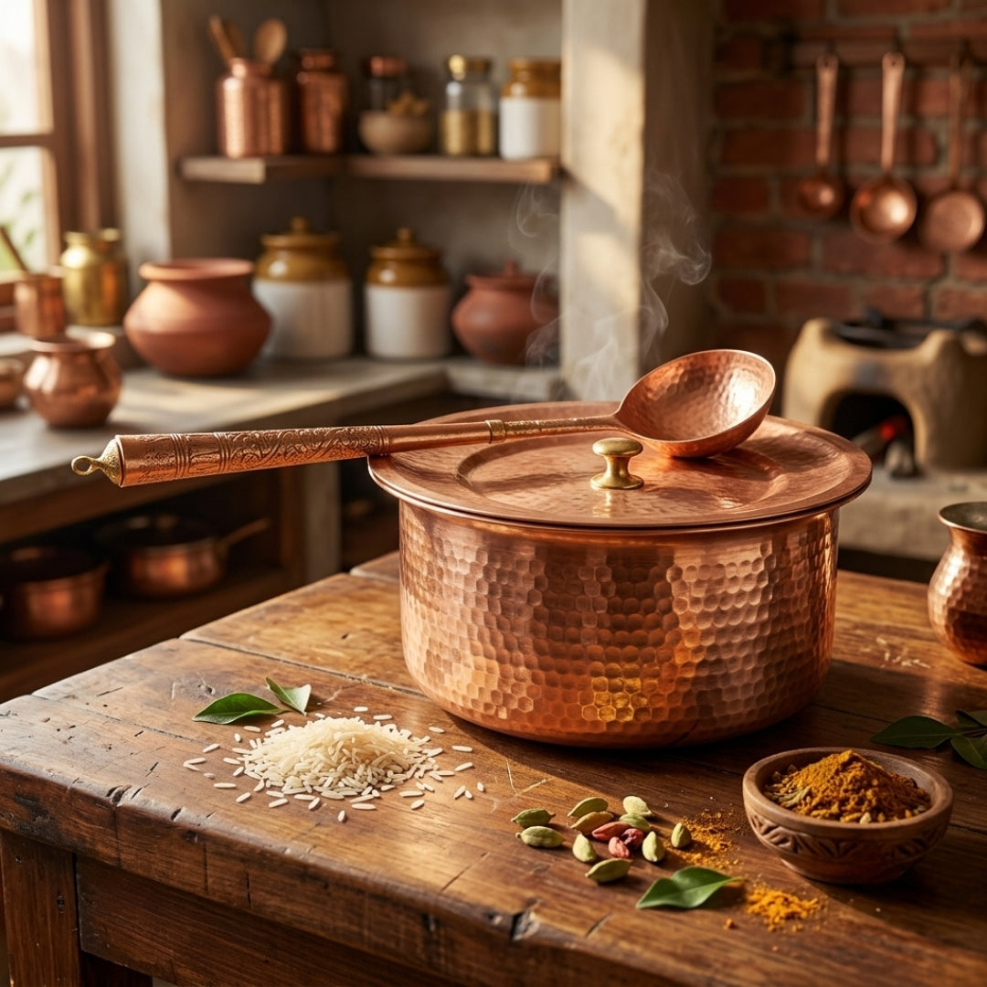 Antique Copper Hand-Hammered Deg Bowl with Lid & Ladle Set | Traditional Copper Cookware Set | Made in 1979