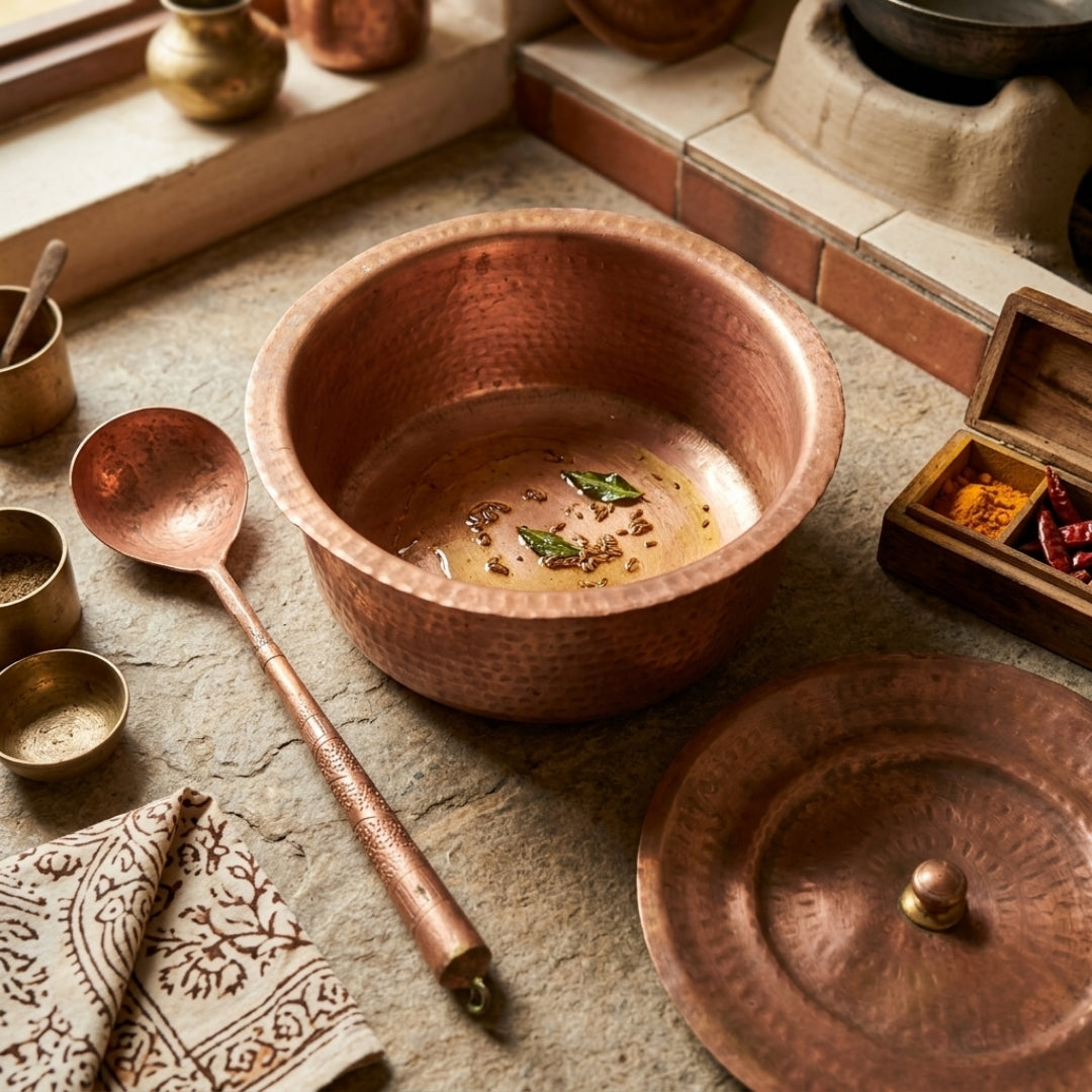 Antique Copper Hand-Hammered Deg Bowl with Lid & Ladle Set | Traditional Copper Cookware Set | Made in 1979