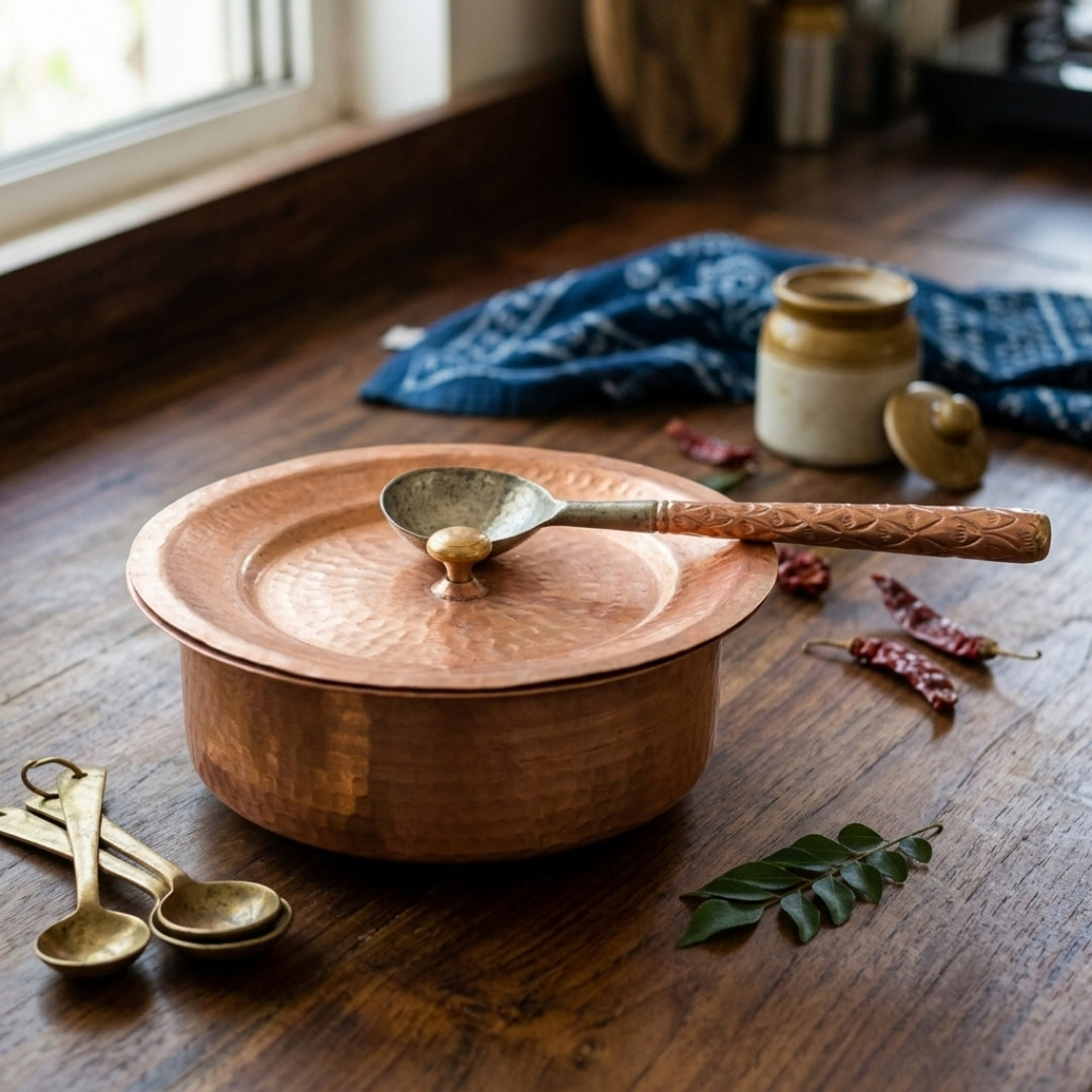 Antique Copper Hand-Hammered Deg Bowl with Lid & Ladle Set | Traditional Copper Cookware Set | Made in 1975
