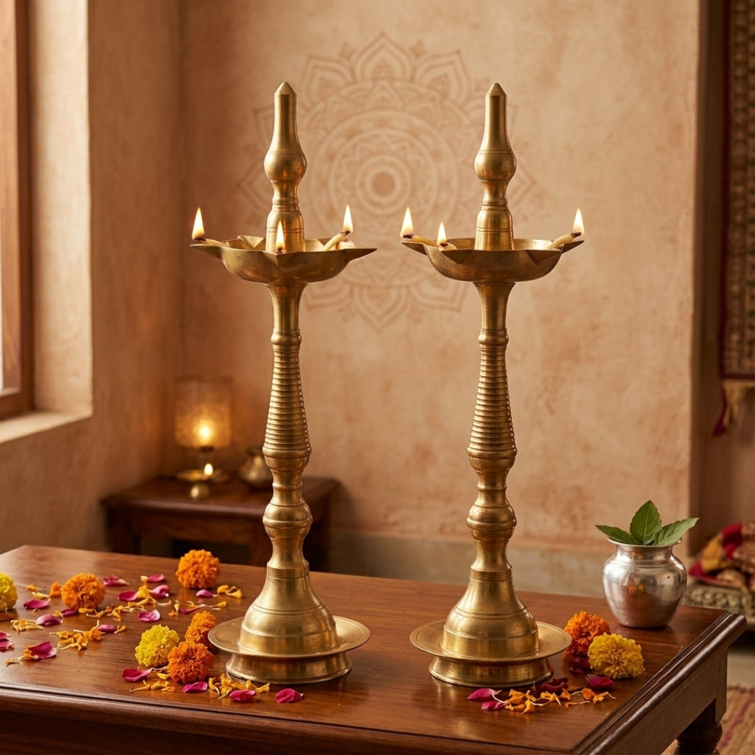 Antique Brass Samai Diya Stand Set | Solid Brass Traditional Standing Oil Lamp Pair | Made in 1983
