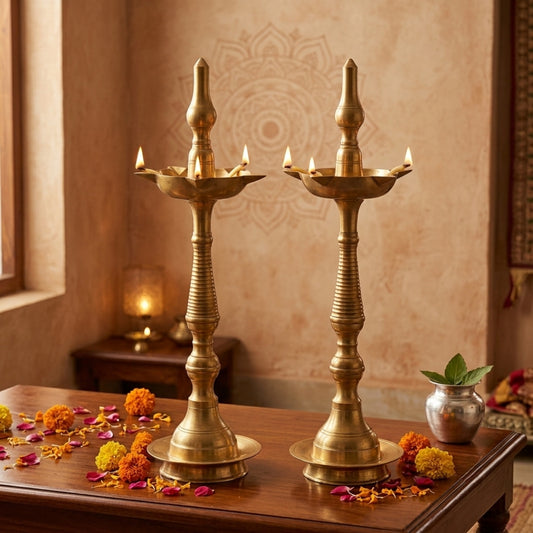 Antique Brass Samai Diya Stand Set | Solid Brass Traditional Standing Oil Lamp Pair | Made in 1983