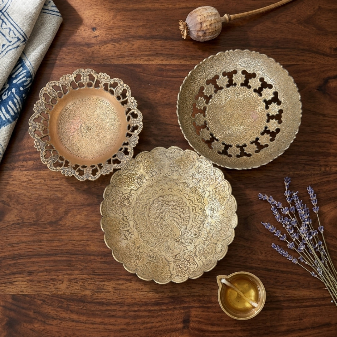 Antique Brass Decorative Engraved Bowl & Platter Set | Hand-Carved Brass Serving Bowl Trio | Made in 1979