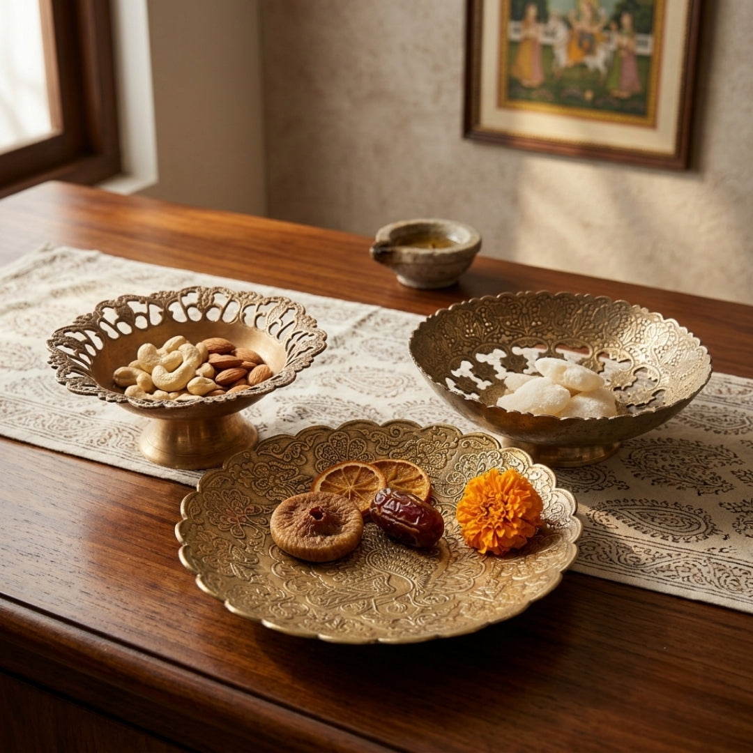 Antique Brass Decorative Engraved Bowl & Platter Set | Hand-Carved Brass Serving Bowl Trio | Made in 1979