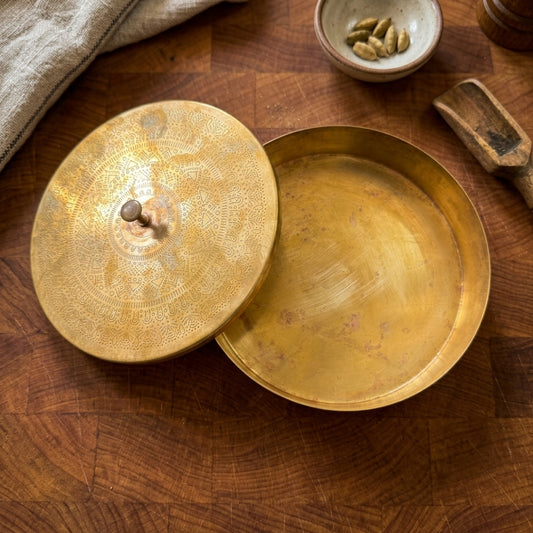 Vintage Brass Etched Masala Dabba | Pure Brass Spice Box Circular Storage Container with Engraved Lid | Made in 2000 - Bombay Antiques
