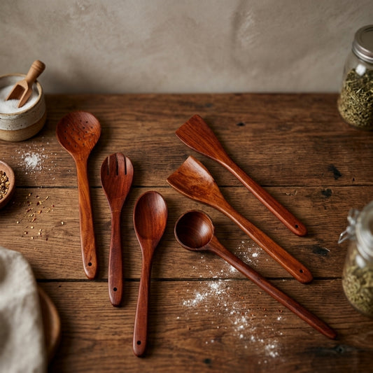 Handcrafted Natural Rosewood Kitchen Utensil Set of 6 | Handmade Wooden Serving Spoons & Spatulas | New - Bombay Antiques
