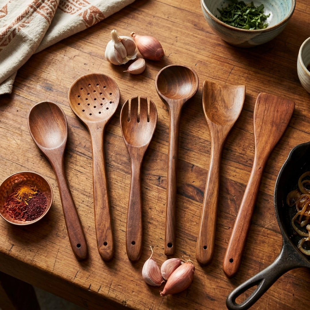 Handcrafted Natural Rosewood Kitchen Utensil Set of 6 | Handmade Wooden Serving Spoons & Spatulas | New