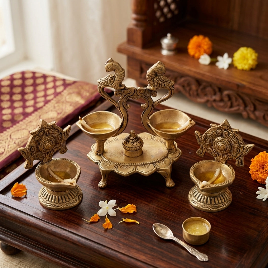 Antique Brass Ritual Diya Set of 3 with Twin Peacock & Chakra Motifs | Solid Brass Traditional Oil Lamp Trio | Made in 1978