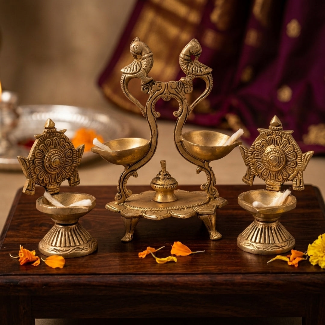 Antique Brass Ritual Diya Set of 3 with Twin Peacock & Chakra Motifs | Solid Brass Traditional Oil Lamp Trio | Made in 1978