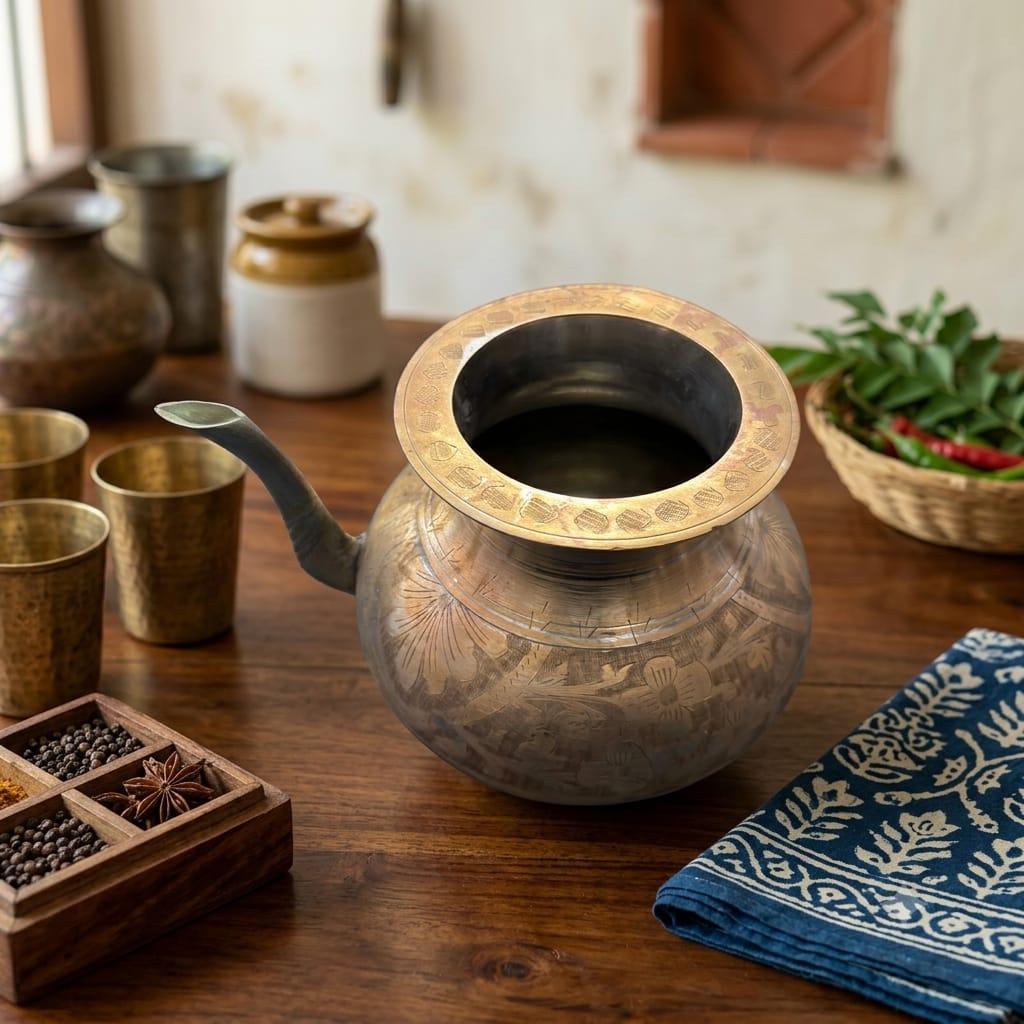 Antique Peetal Spout Pot | Pure Brass Engraved Water Pot | Made in 1980