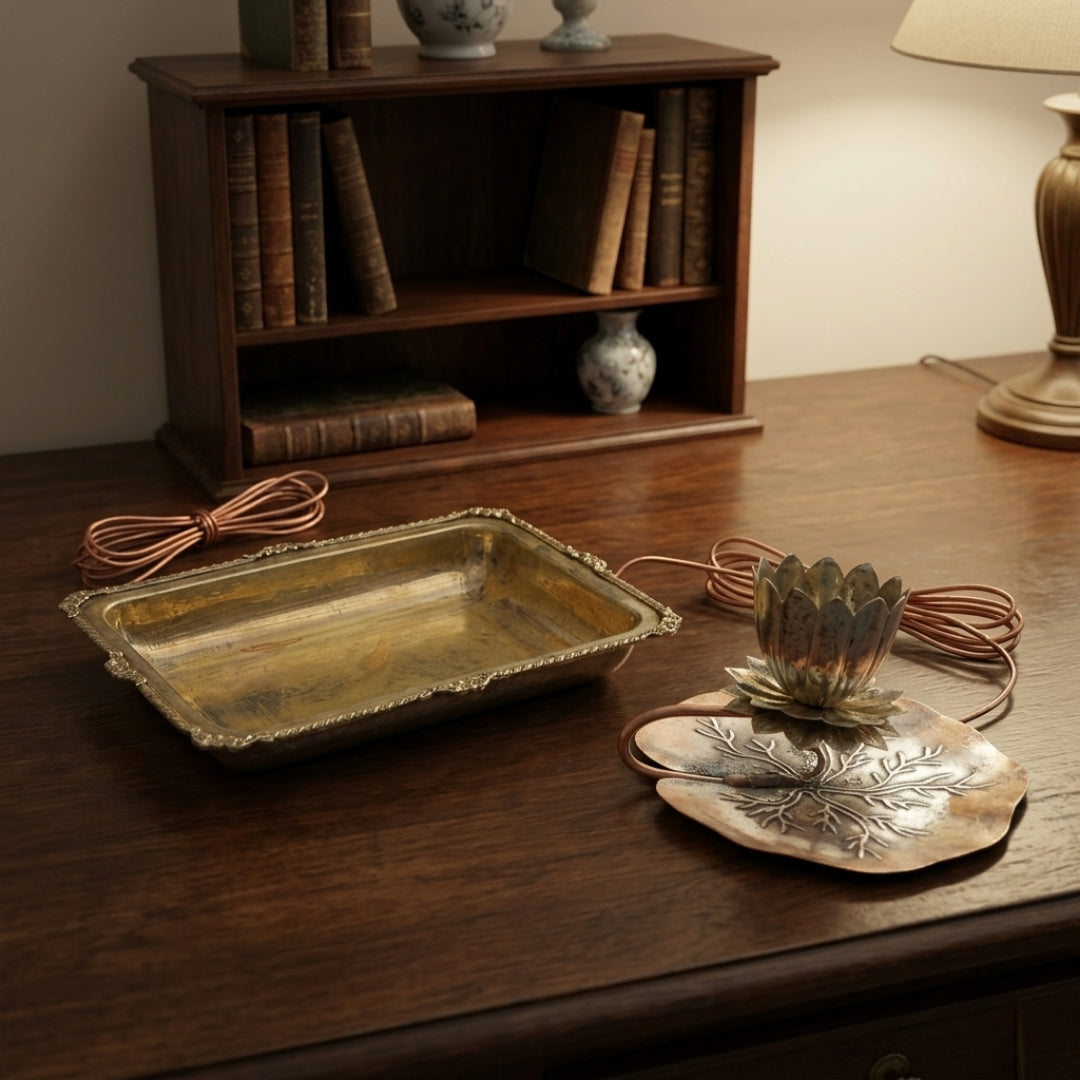 Antique Copper Lotus Candle Holder & Filigree Brass Tray Set | Premium Decorative Accent Set | Made in 1976